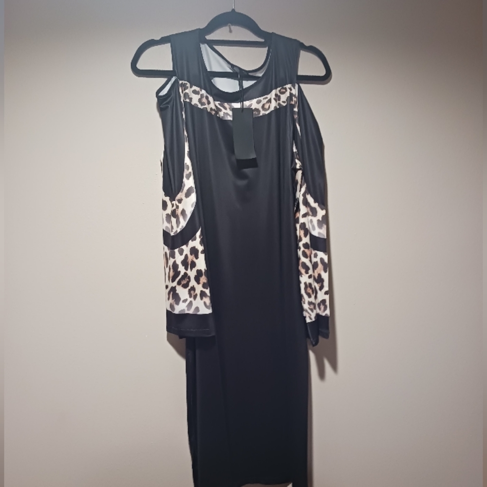 FHQ Collection "Cold ShoulderAnimal Accent Sheath Dress" Sz. XL Black.